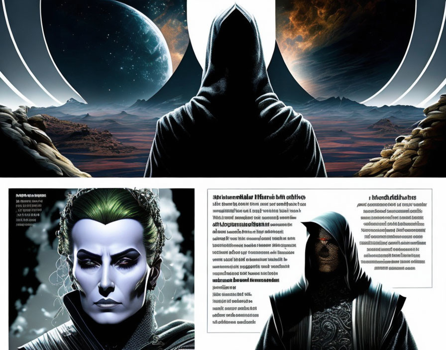 Comic Book Layout Featuring Cloaked Figures and Futuristic Character