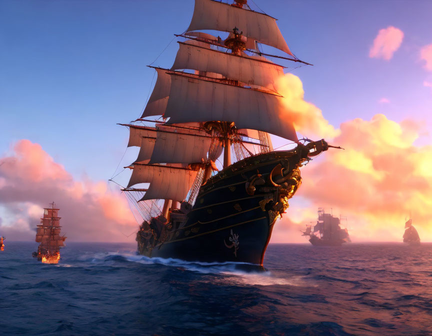 Tall ship sailing on turquoise sea at sunset with billowing white sails and fiery clouds.