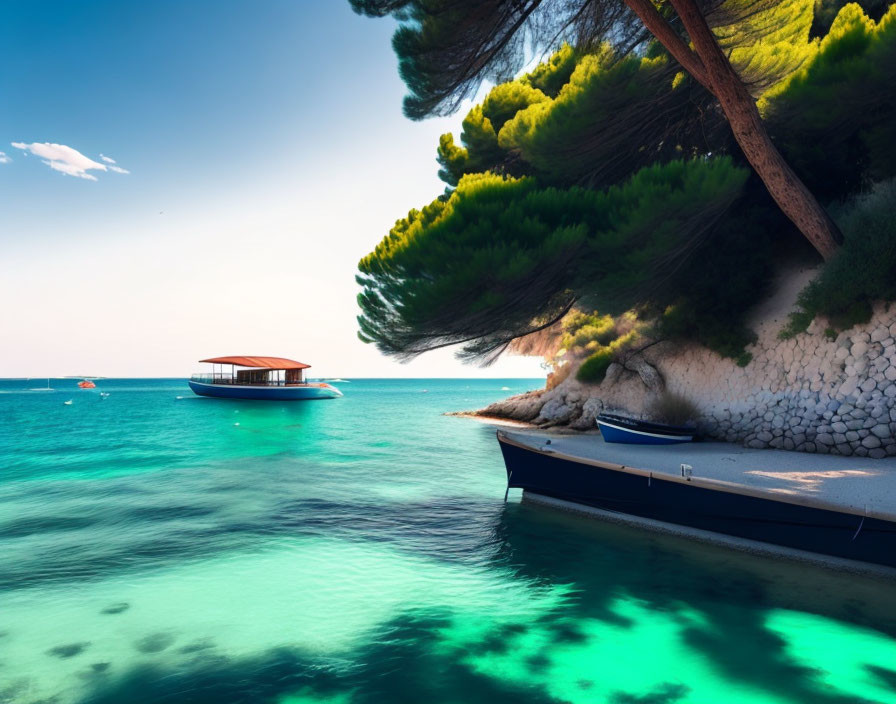 Tranquil sea with moored boat, lush green trees, clear blue sky