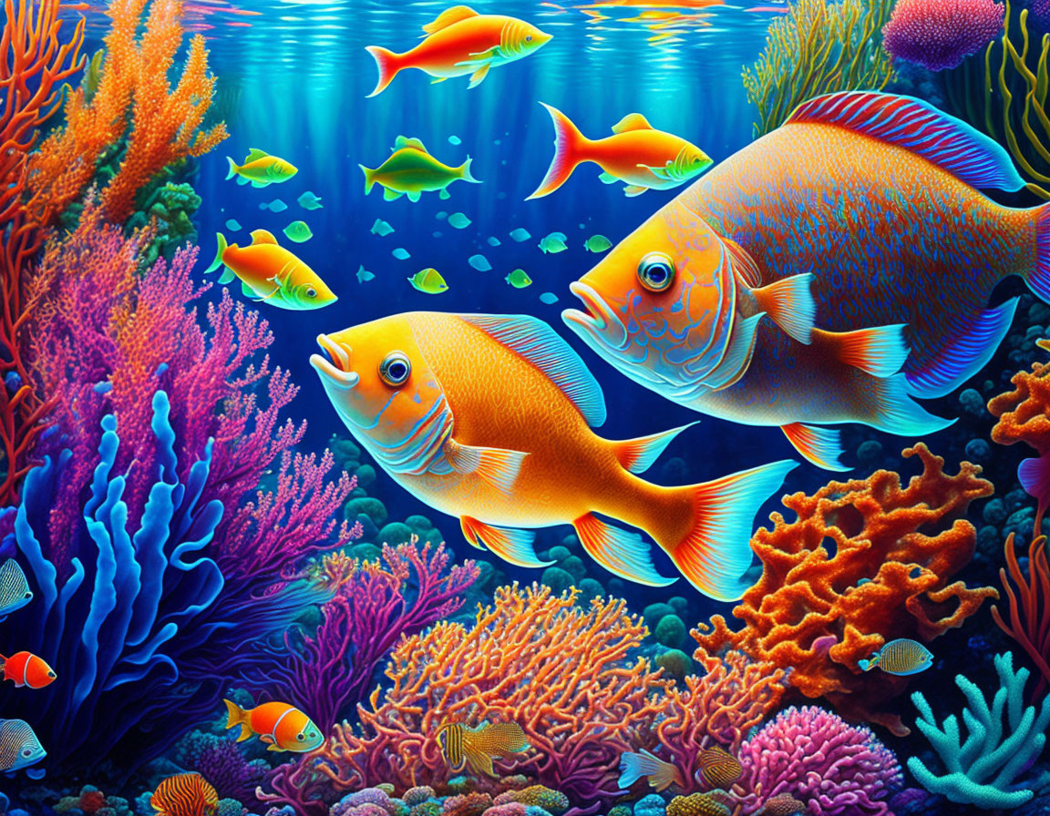 Colorful Underwater Scene with Orange Fish and Corals