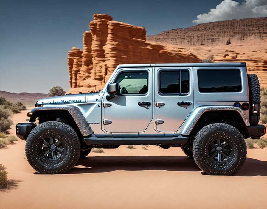 Four-door metallic gray Jeep Wrangler in desert landscape