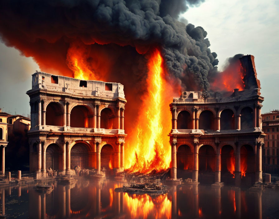 Digital art: Colosseum engulfed in flames with billowing smoke and dramatic sky