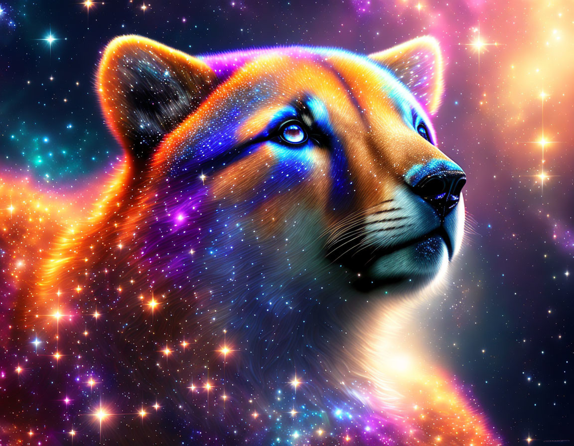 Colorful cosmic lion digital art in starry galaxy backdrop