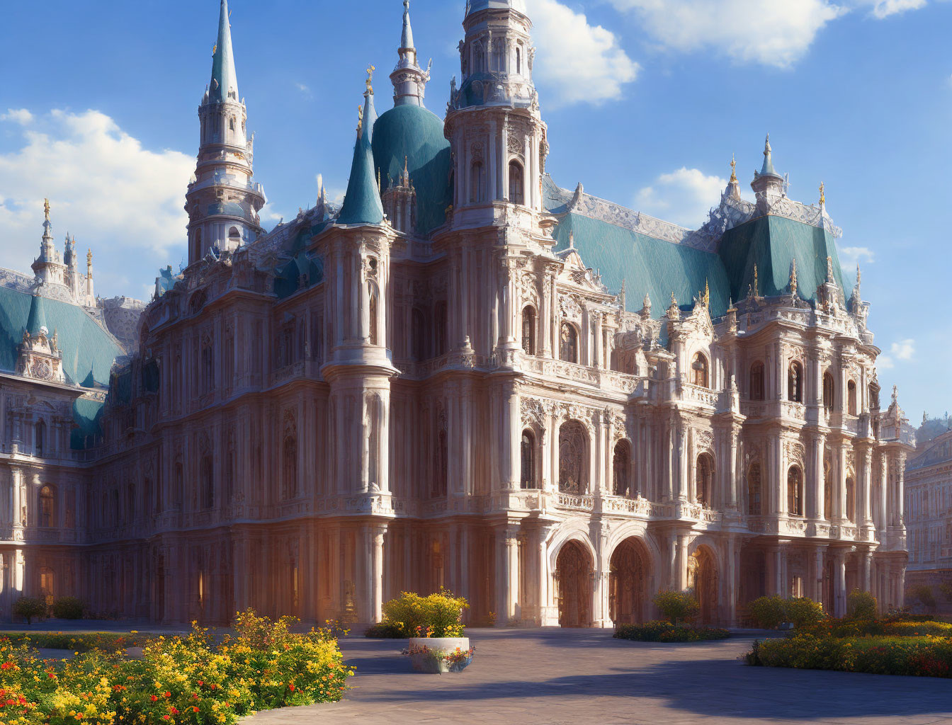 Baroque-style palace with spires and vibrant flowerbeds