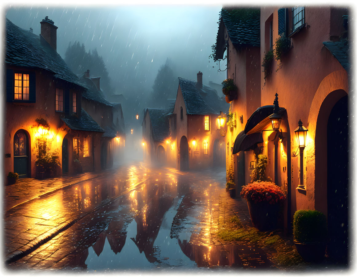 Charming Rainy Evening Scene: Old Street with Warm Lights & Wet Cobblestones