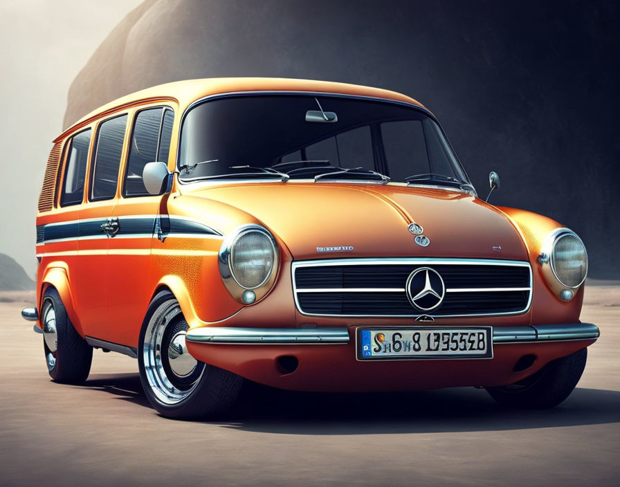 Vintage Orange & White Mercedes-Benz O 319 Minibus in Desert Landscape