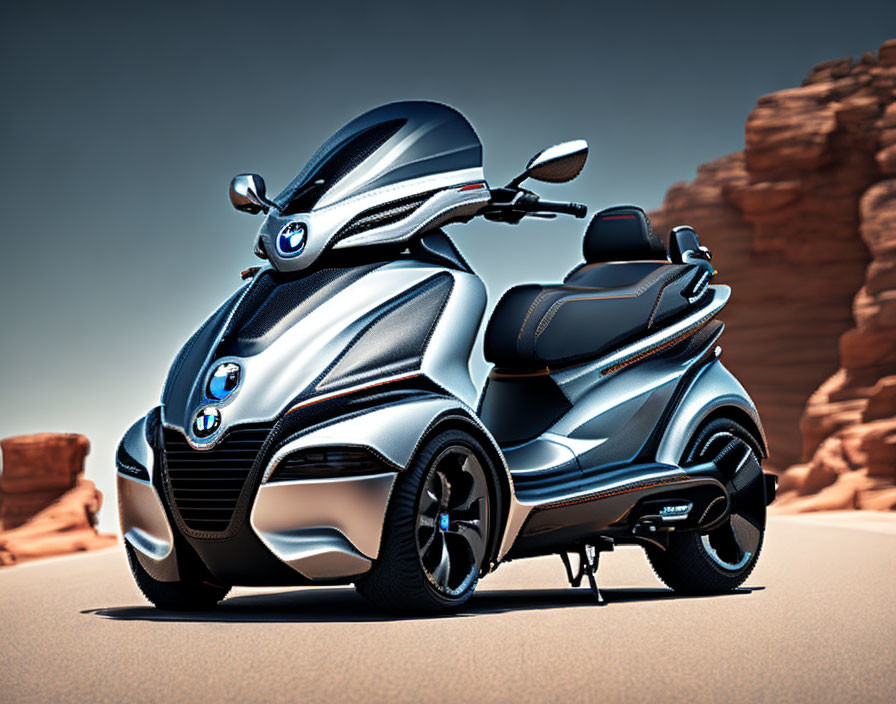 Futuristic BMW motor scooter in desert with red rocks