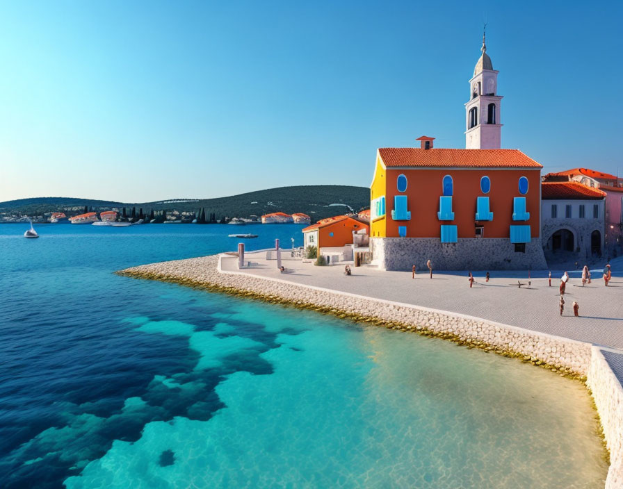 Vibrant coastal building with bell tower by turquoise sea and blue sky