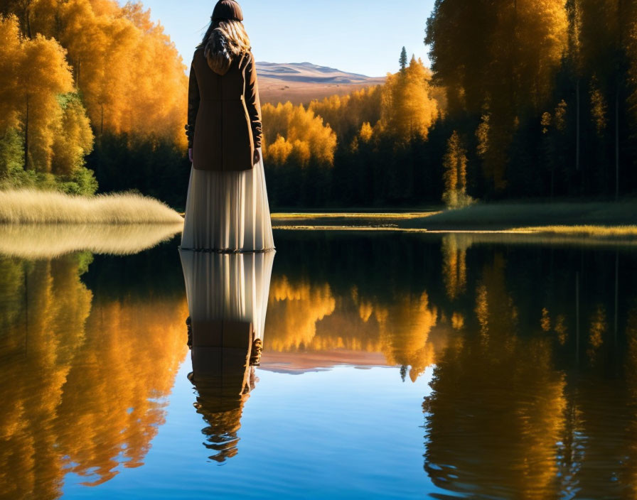 Autumn trees reflecting on calm lake with person standing - serene scene.