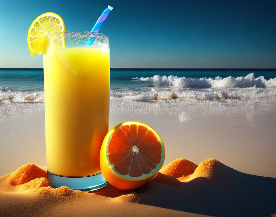 Orange juice glass with lemon slice and halved orange on sandy beach