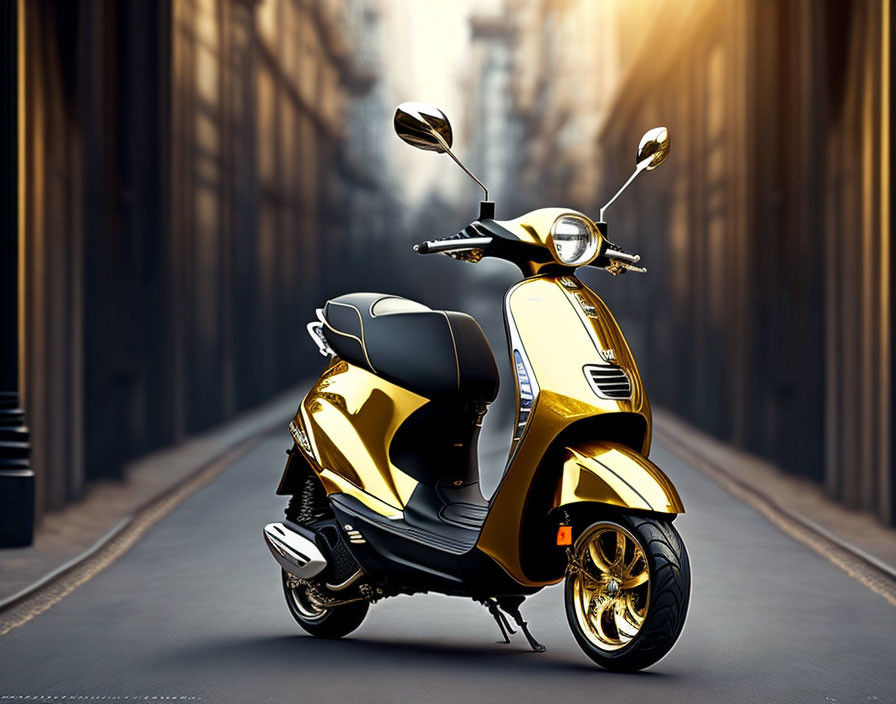 Golden scooter parked on empty road between tall buildings at sunset