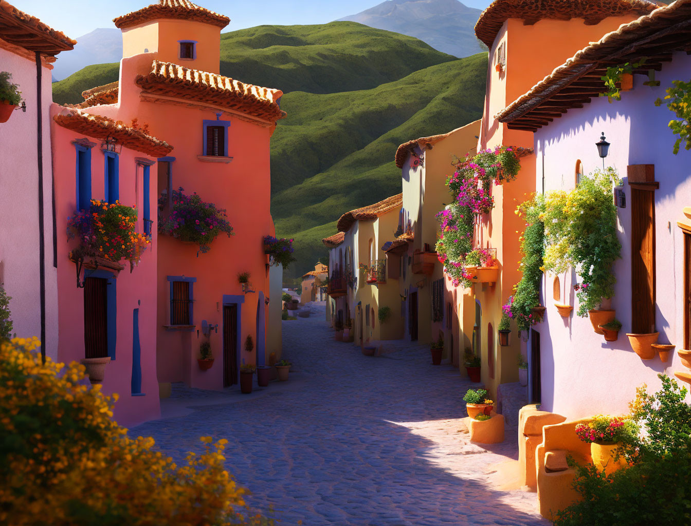 Colorful houses on charming cobblestone street with vibrant flowers in picturesque valley