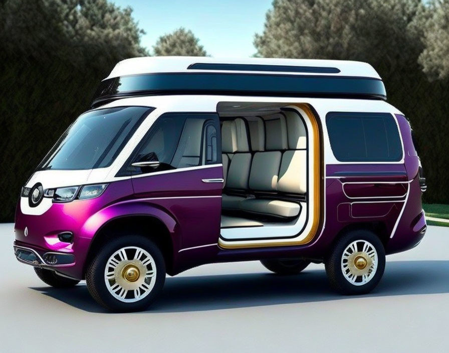Futuristic Purple and White Van with Large Windows and Spacious Interior