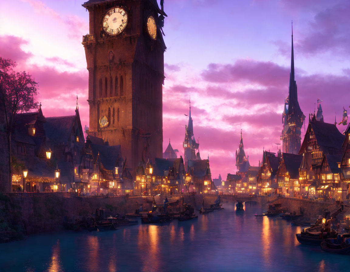 Medieval town at dusk with clock tower, illuminated buildings, boats, and purple sky