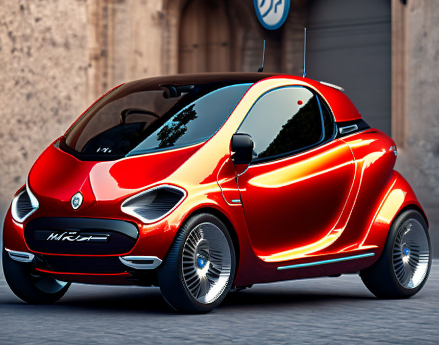 Compact Electric Car: Shiny Red Design on Cobblestone Street