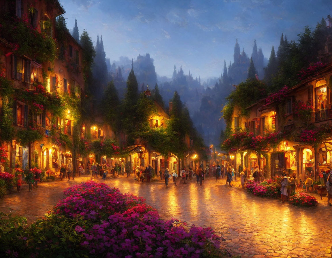 Quaint cobblestone street at dusk with warm lights, flowers, and crowd