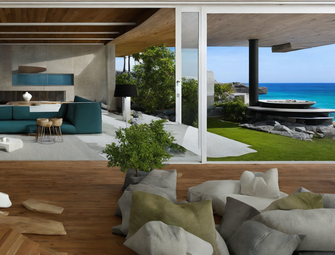 Spacious open-concept living area with ocean view patio