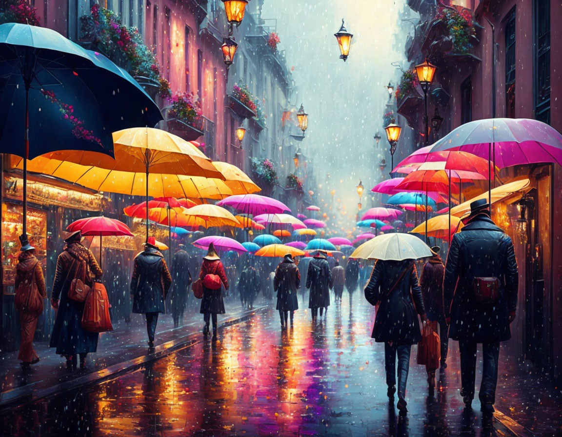 City street scene: Rainy day with colorful umbrellas and glowing lamps
