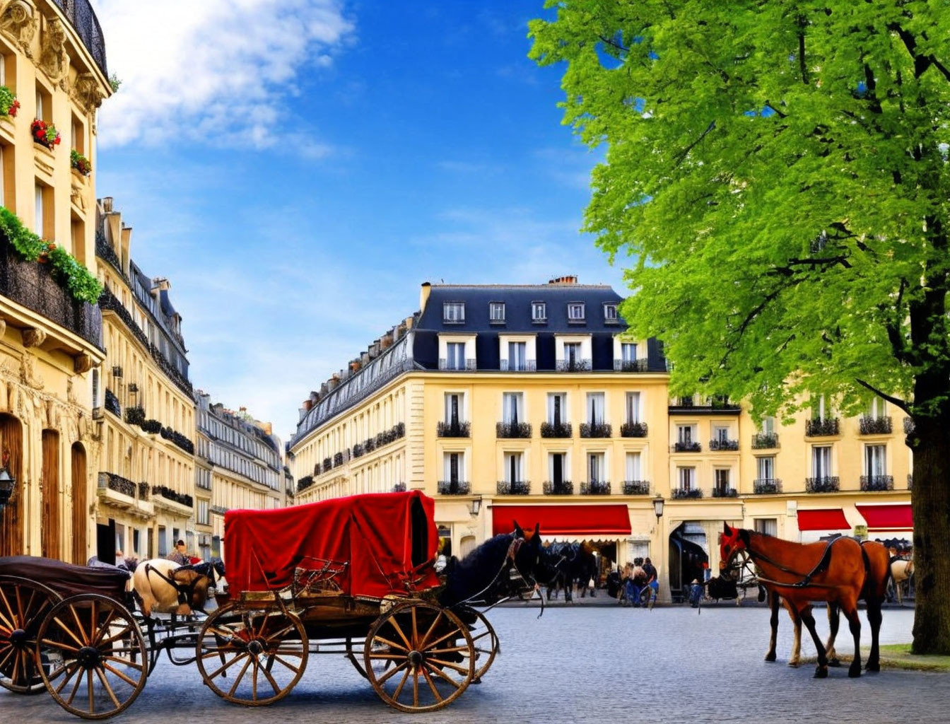 Historic horse-drawn carriages on cobbled street with European buildings