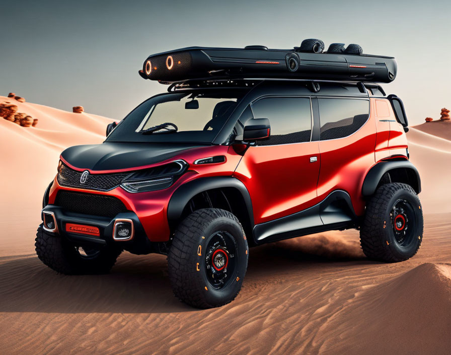 Red and Black Off-Road Vehicle with Roof Rack and Light Bar in Desert Setting