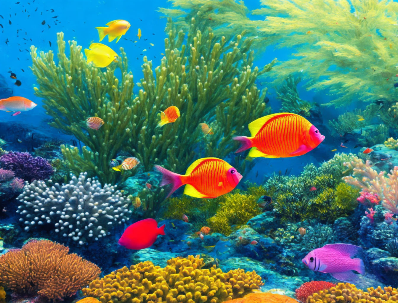 Vibrant tropical fish and corals in clear blue underwater scene