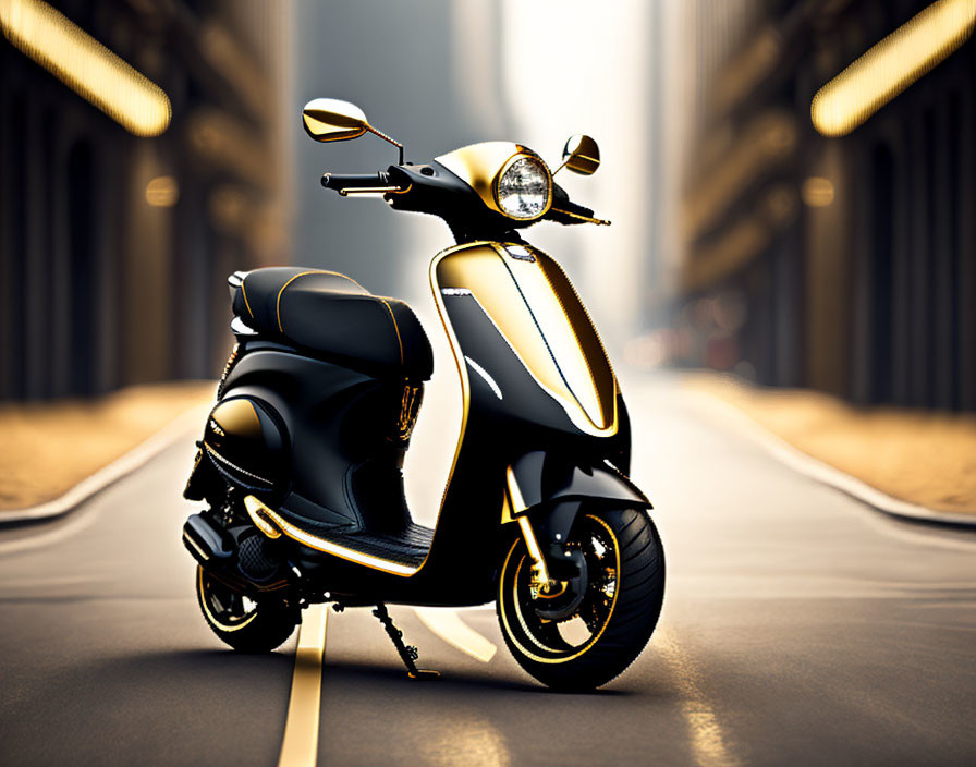 Black and Gold Scooter on Urban Road with High-rise Buildings