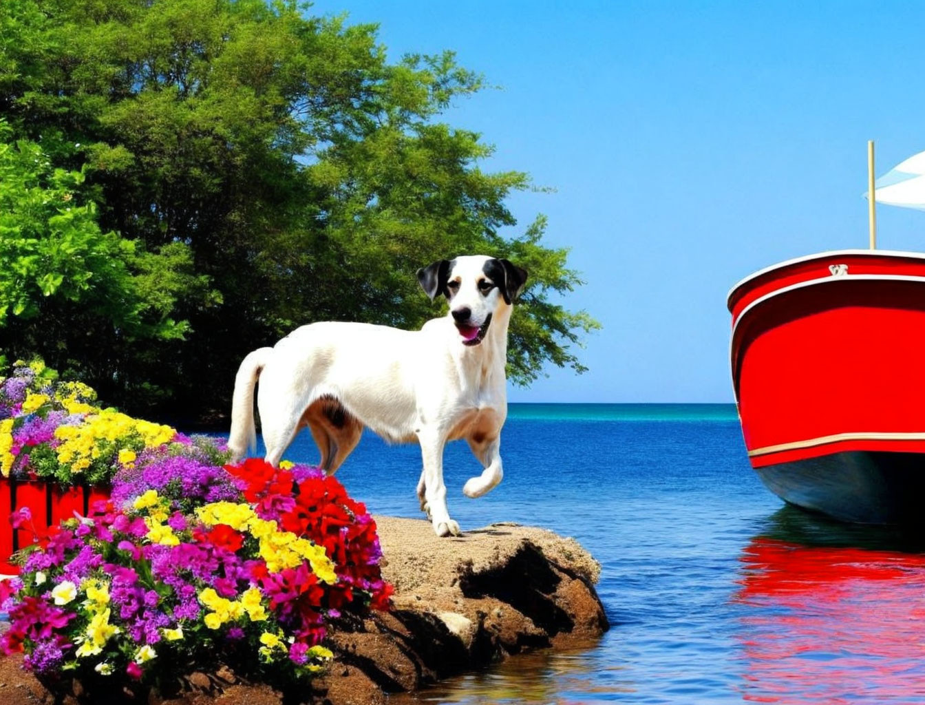 White dog with black patches on rocky shoreline with colorful flowers, red boat, and clear blue sky