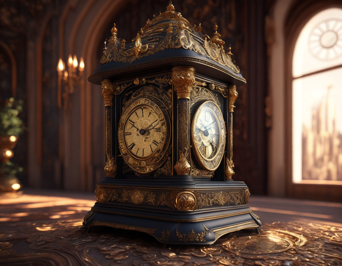 Antique Clock with Gold Details on Wooden Surface