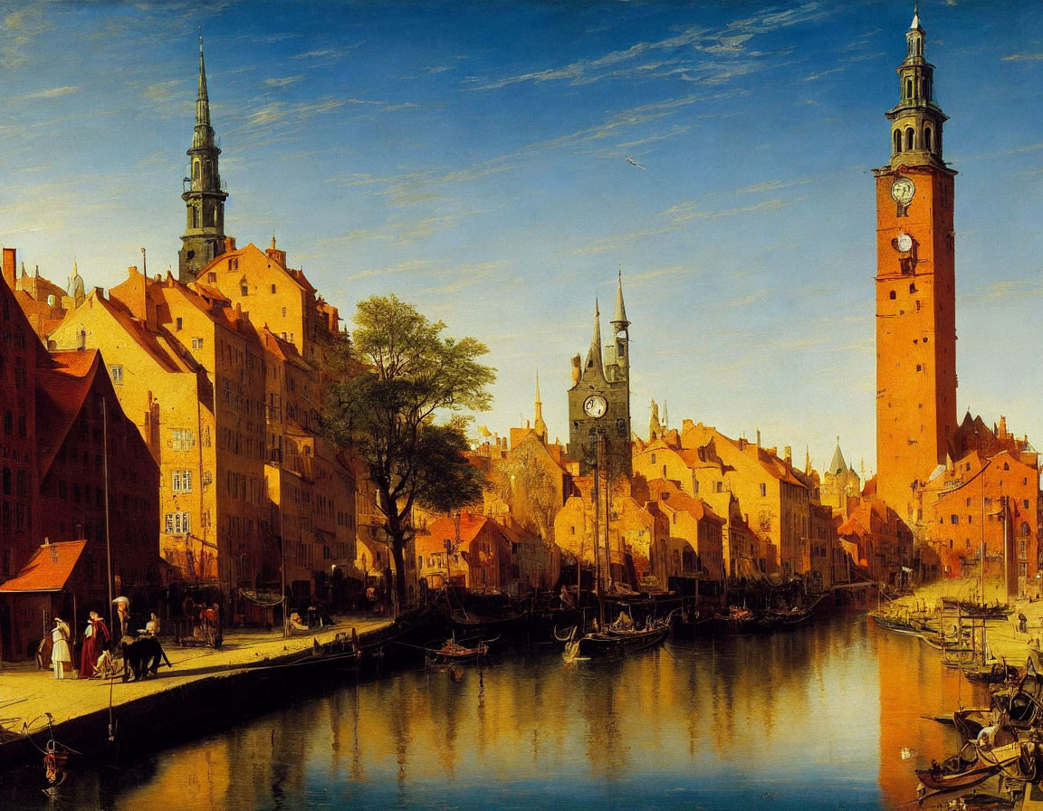 European cityscape painting with canal, boats, and historic architecture.