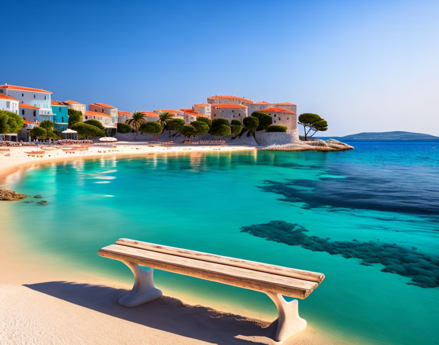 Tranquil beach scene with white bench and colorful houses