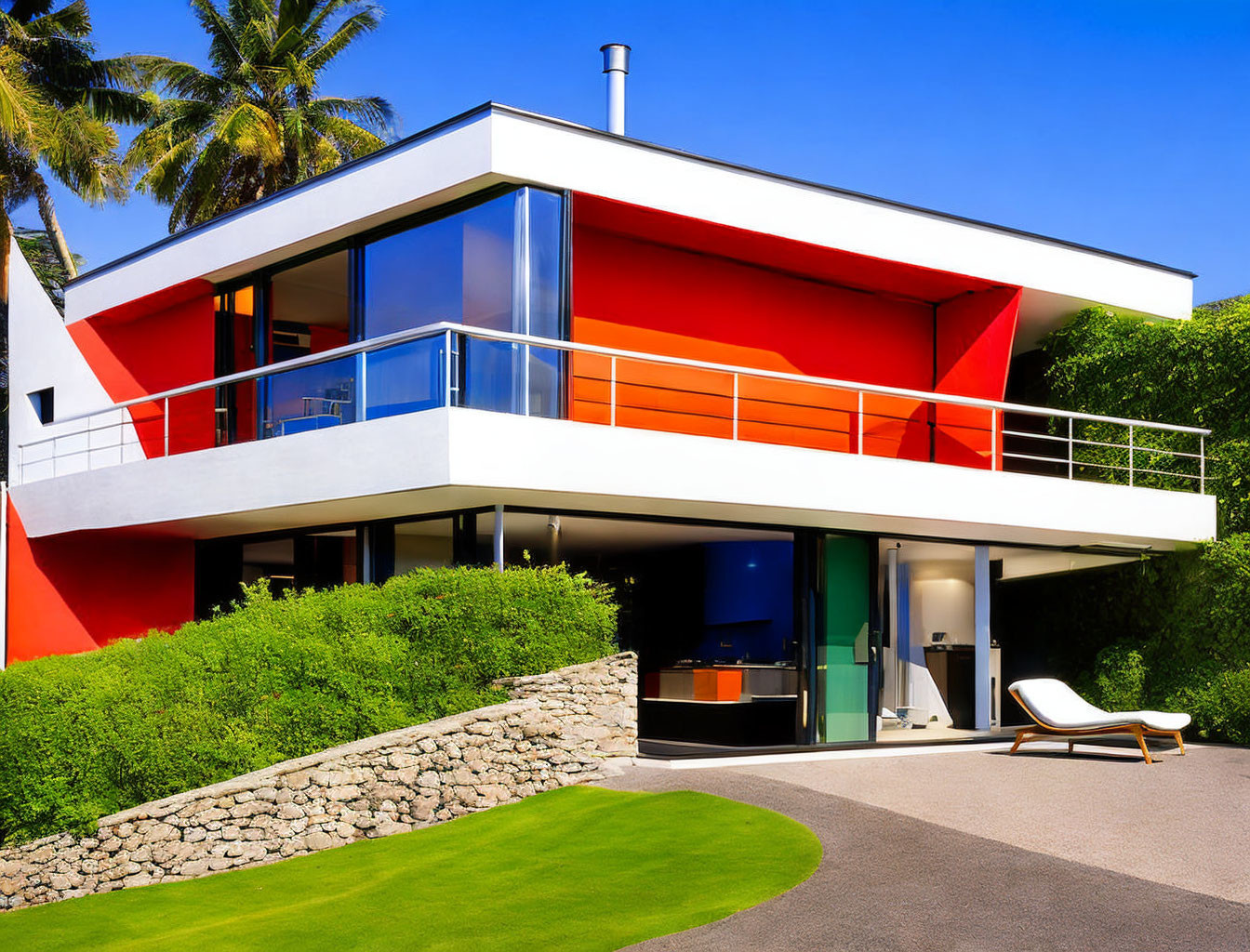 Modern house with red walls, white balconies, large windows, lush greenery, palm trees,