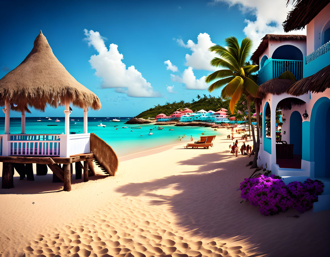 Tropical beach scene with thatched hut, palm trees, colorful buildings, and people on white sand