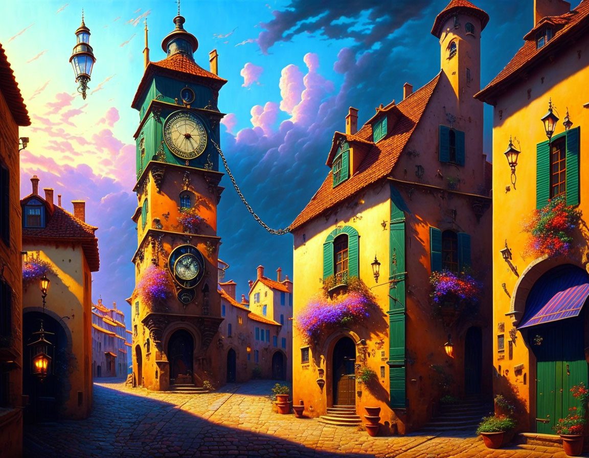 Vibrant painting of village street with clock tower at dusk