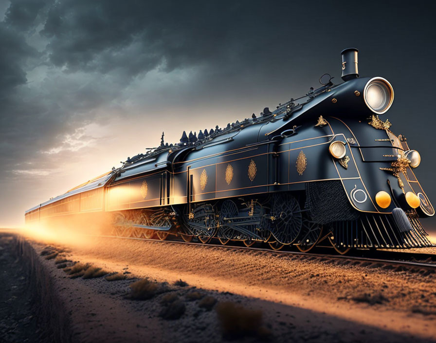Vintage Steam Locomotive in Desert Sunset with Dramatic Lighting