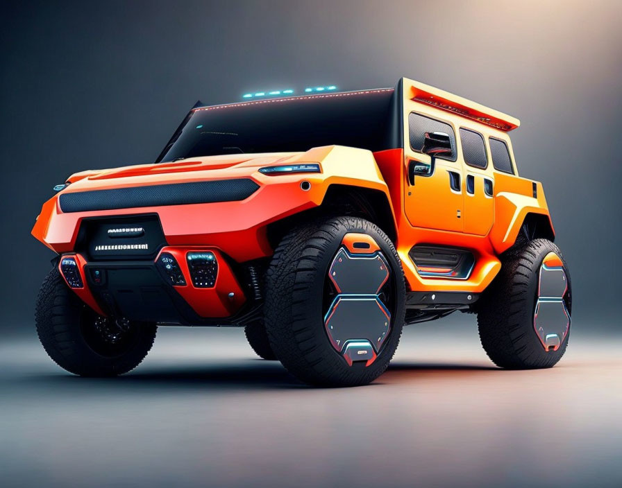 Futuristic orange off-road vehicle with black trim and LED lighting