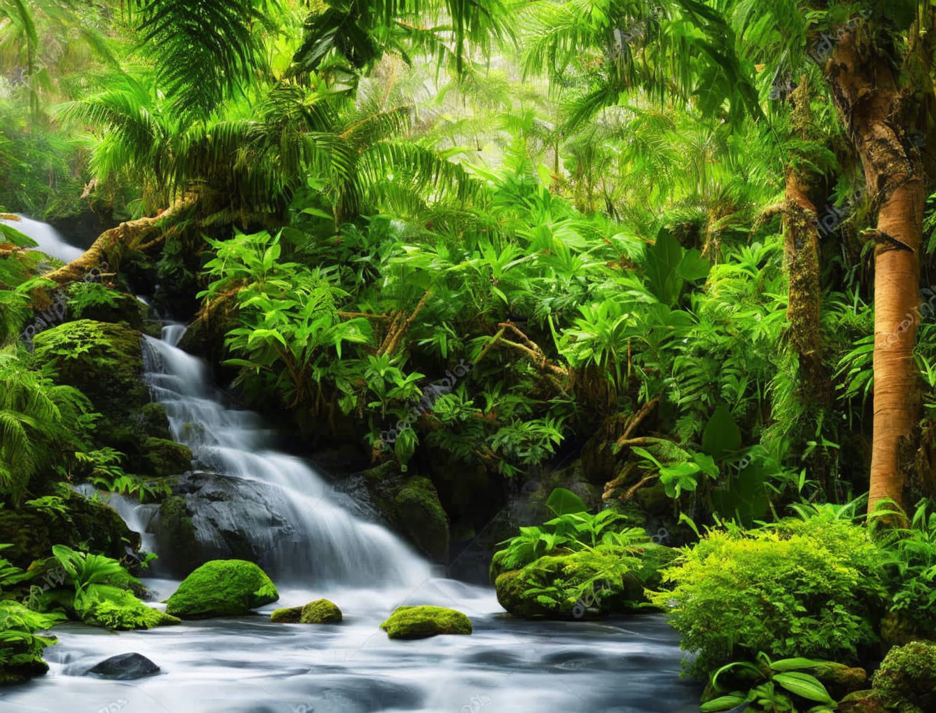 Tropical forest with small waterfall and lush greenery