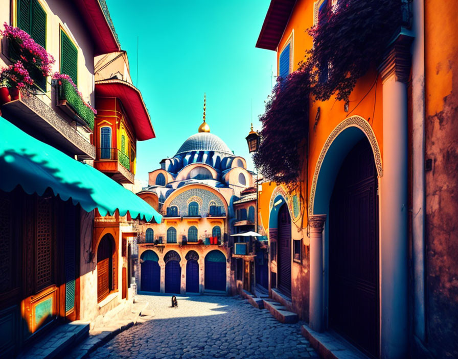 Colorful street scene with blue-domed mosque and hanging plants