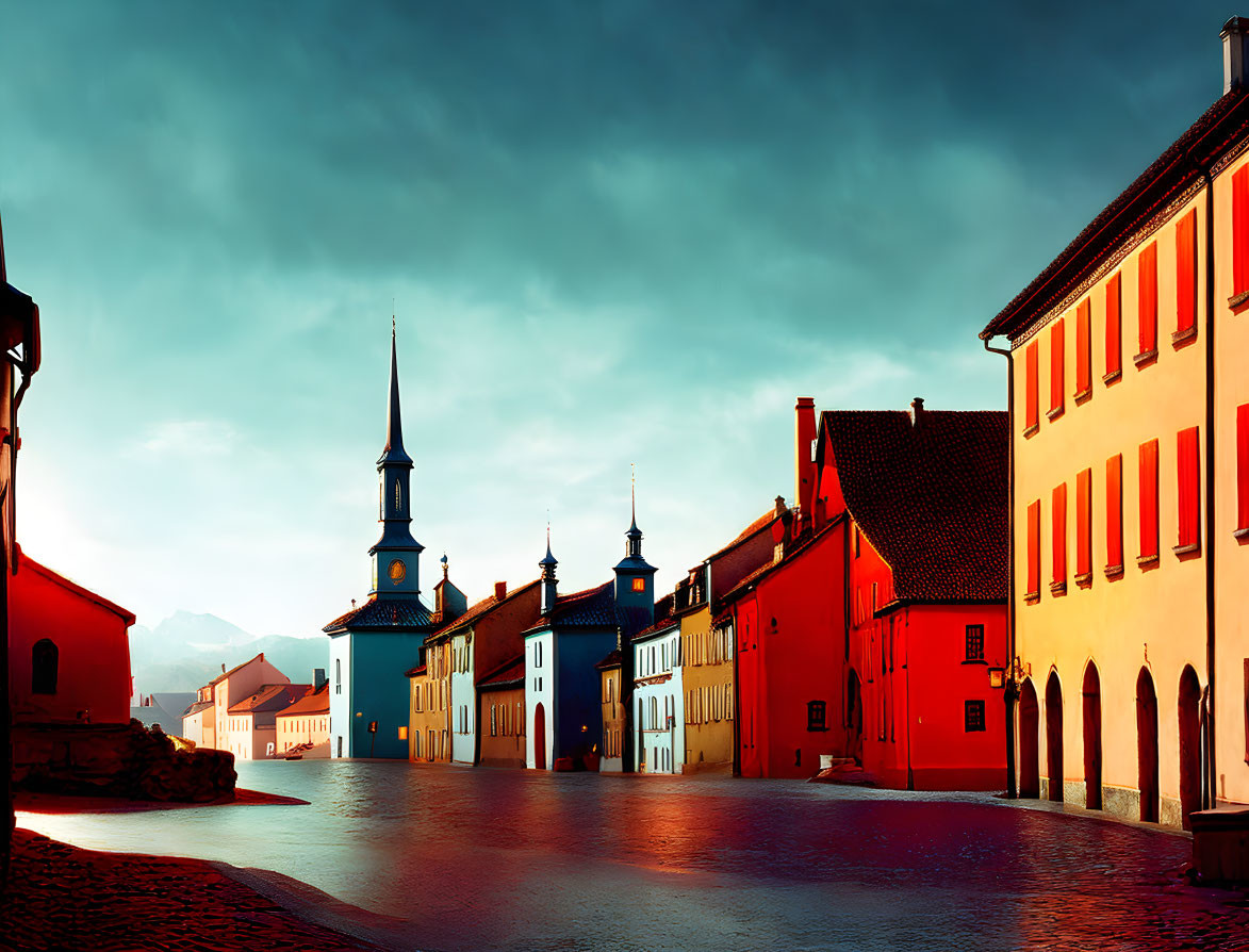 European street scene: cobblestones, red/yellow buildings, spired structures at dusk