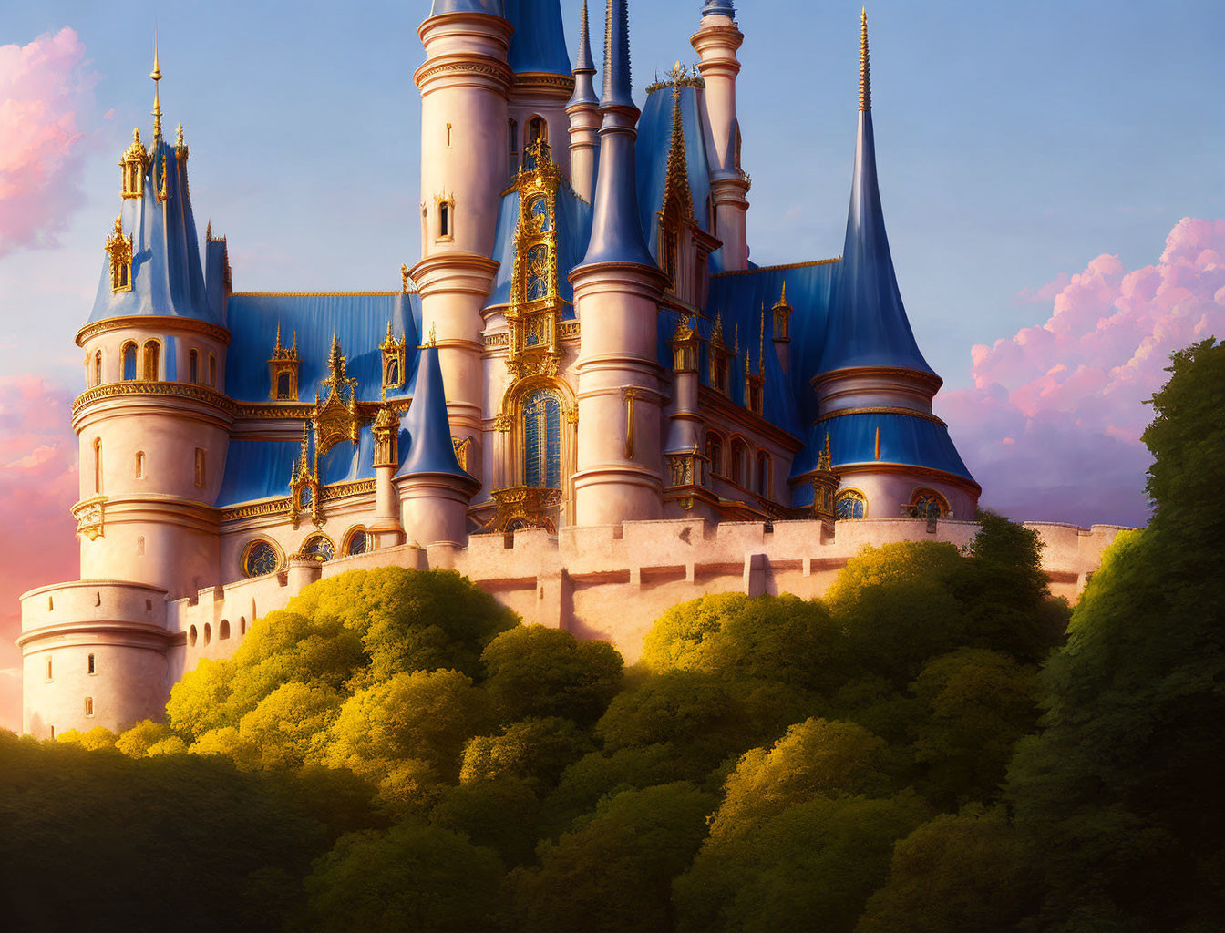 Majestic castle with tall spires in sunset sky and lush greenery.