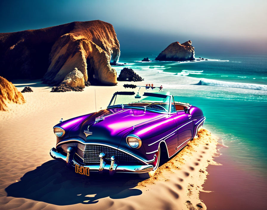 Purple Convertible Car on Sandy Beach with Turquoise Waters and Rock Formations