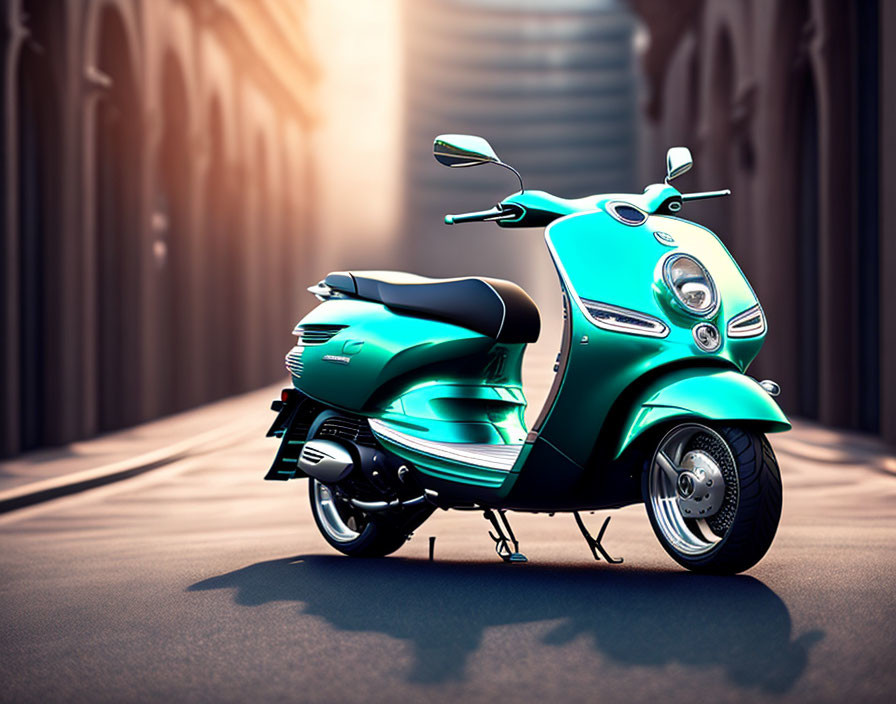 Teal Vintage Style Scooter on Sunlit Urban Road