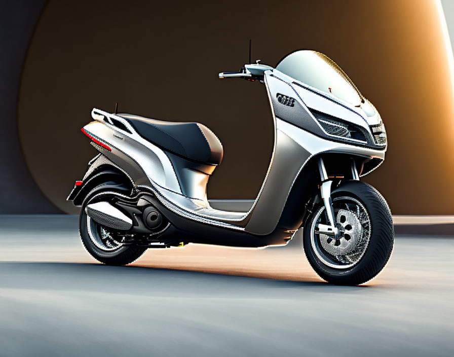 Silver Modern Scooter with Black Trim and Alloy Wheels on Abstract Tan Background