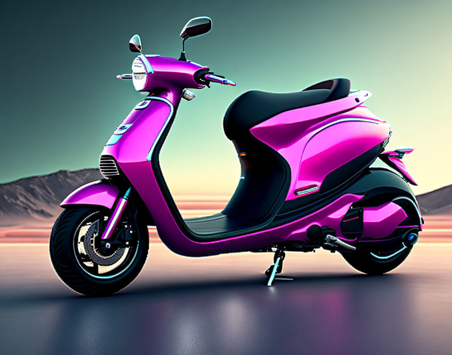 Purple Scooter on Kickstand Against Gradient Purple and Pink Background