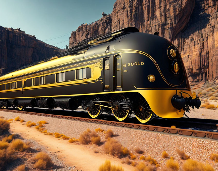 Luxurious Black and Gold Train in Desert Canyon under Blue Sky
