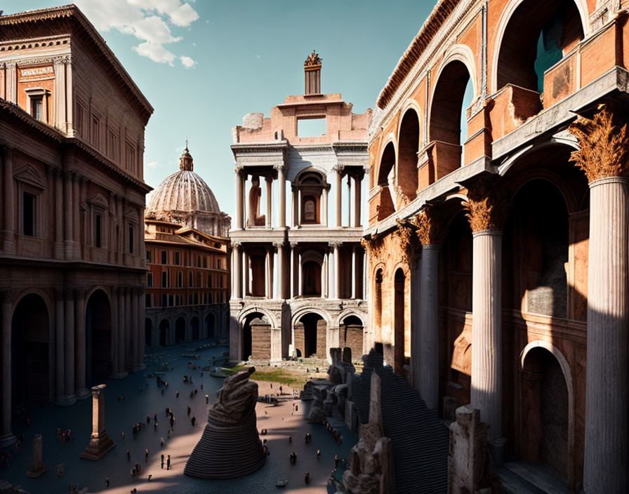 Ancient Roman architecture depiction with bustling courtyard and classical columns