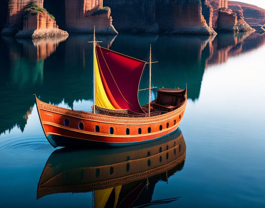 Colorful wooden sailboat on calm waters with rocky cliffs