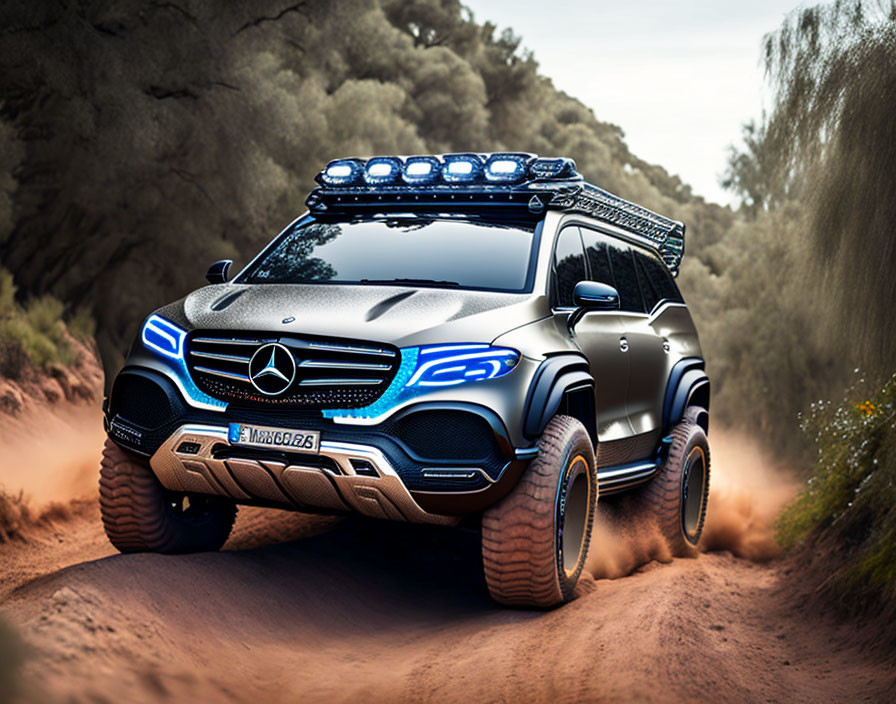 Six-Wheeled Mercedes-Benz SUV with Roof Rack on Off-Road Trail