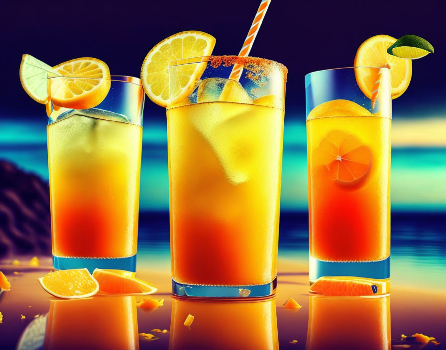 Colorful Layered Cocktails with Citrus Garnishes on Ocean Sunset Background