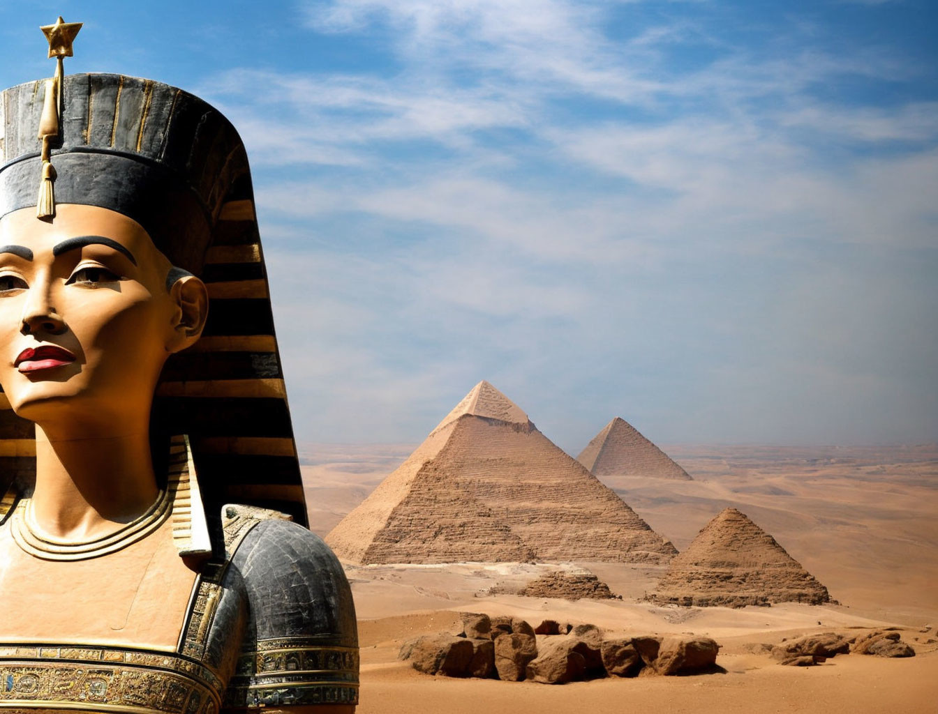Ancient Egyptian statue with headdress and Great Pyramids of Giza.