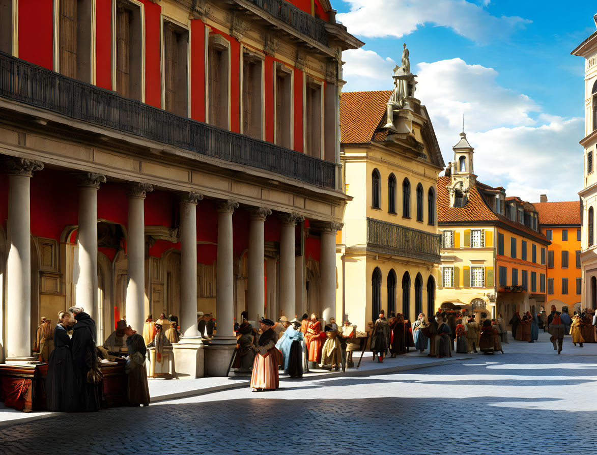 Historic square with people in period clothing and classical European architecture